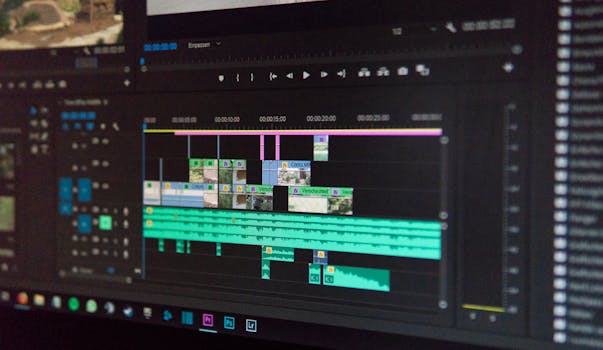 Video Editing Digital Nomad Tool. Close-up of a video editing timeline interface on a computer screen, showcasing professional software in action.
